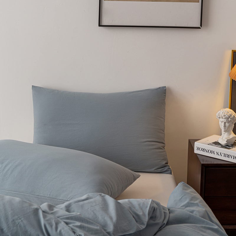 Janlive Washed Cotton Duvet Cover Oueen Ultra Soft 100% Cotton Solid Color Grayish Blue Duvet Cover Set with Zipper Closure -3 Pieces Grayish Blue Queen - Image 5